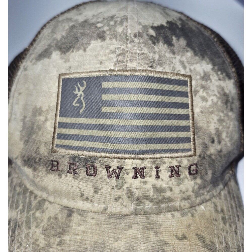 Browning Buckmark Camo Trucker Hat USA Flag Patch Mesh Snapback Stained Under